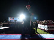 Republican presidential nominee former President Donald Trump departs after speaking at a campaign rally at the Calhoun Ranch, Saturday, Oct. 12, 2024, in Coachella, Calif.