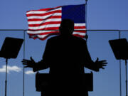 Republican presidential nominee former President Donald Trump speaks during a campaign rally at Dodge County Airport, Sunday, Oct. 6, 2024, in Juneau, Wis.