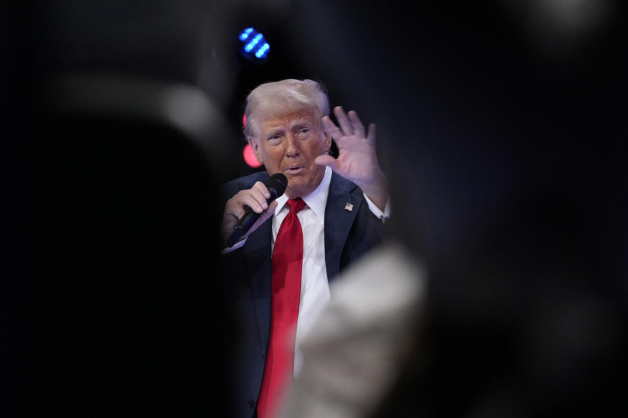 Republican presidential nominee former President Donald Trump speaks during a Univision town hall, Wednesday, Oct. 16, 2024, in Doral, Fla.