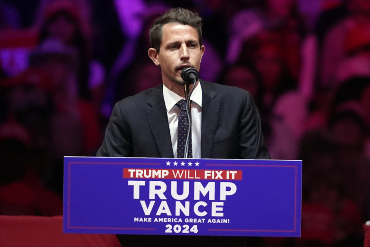 Tony Hinchcliffe speaks before Republican presidential nominee former President Donald Trump during a campaign rally at Madison Square Garden, Sunday, Oct. 27, 2024, in New York.