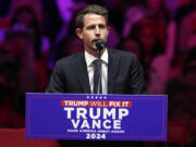 Tony Hinchcliffe speaks before Republican presidential nominee former President Donald Trump during a campaign rally at Madison Square Garden, Sunday, Oct. 27, 2024, in New York.