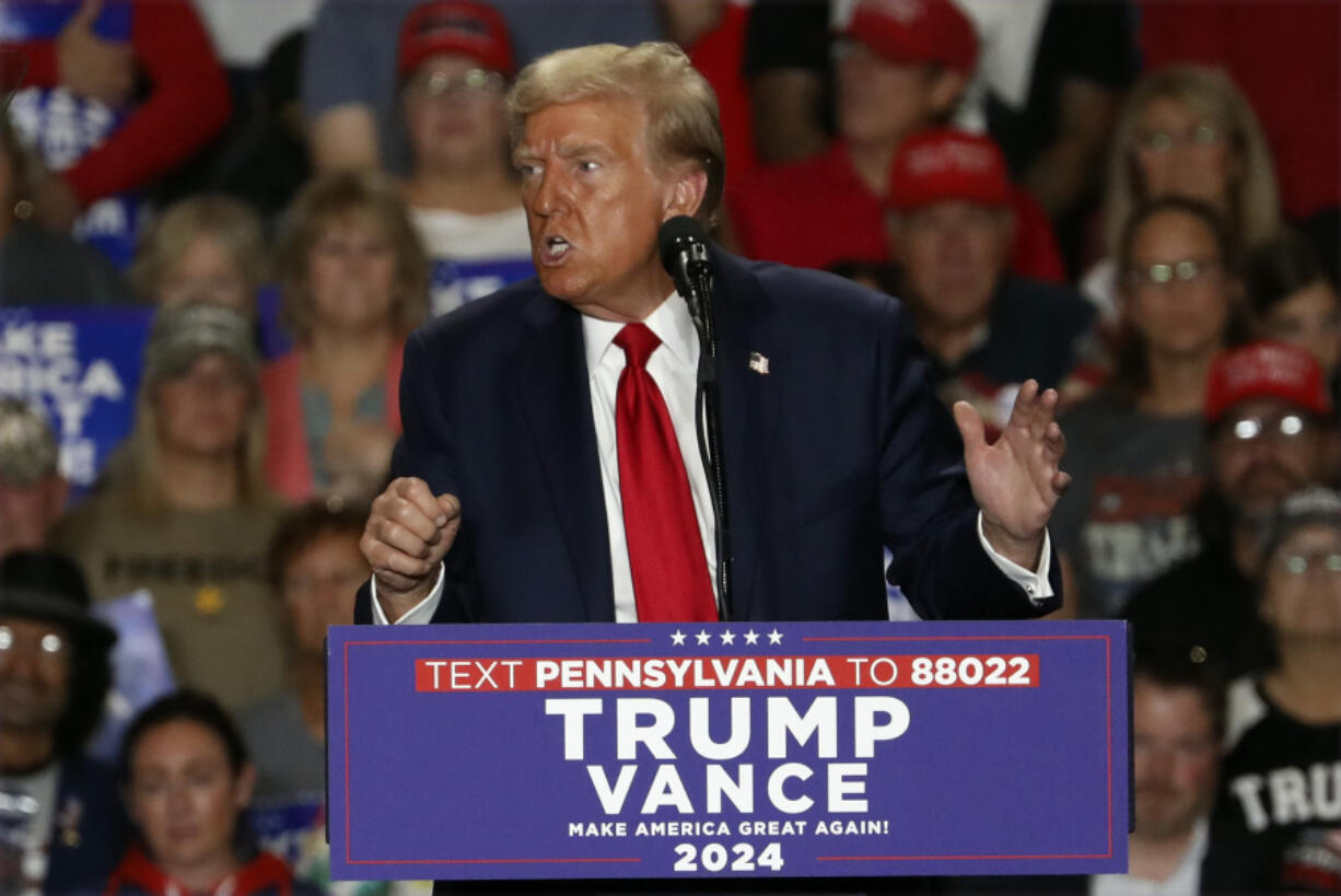 Republican presidential nominee former President Donald Trump speaks at a campaign rally at Bayfront Convention Center in Erie, Pa., Sunday, Sept. 29, 2024.