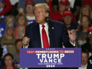 Republican presidential nominee former President Donald Trump speaks at a campaign rally at Bayfront Convention Center in Erie, Pa., Sunday, Sept. 29, 2024.