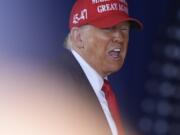 Republican presidential nominee former President Donald Trump speaks at a campaign stop at the Dodge County Airport Sunday, Oct. 6, 2024, in Juneau, Wis.