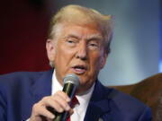 Republican presidential nominee former President Donald Trump speaks at a faith town hall with Georgia Lt. Gov. Burt Jones at Christ Chapel Zebulon, Wednesday, Oct. 23, 2024, in Zebulon, Ga.