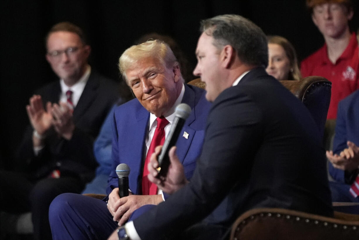 Republican presidential nominee former President Donald Trump speaks at a faith town hall with Georgia Lt. Gov. Burt Jones at Christ Chapel Zebulon, Wednesday, Oct. 23, 2024, in Zebulon, Ga.