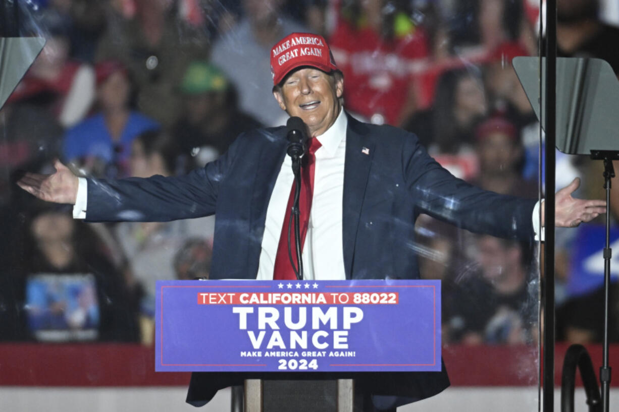 Republican presidential nominee former President Donald Trump speaks at a campaign rally at the Calhoun Ranch, Saturday, Oct. 12, 2024, in Coachella, Calif.