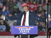 Republican presidential nominee former President Donald Trump speaks at a campaign rally at the Calhoun Ranch, Saturday, Oct. 12, 2024, in Coachella, Calif.