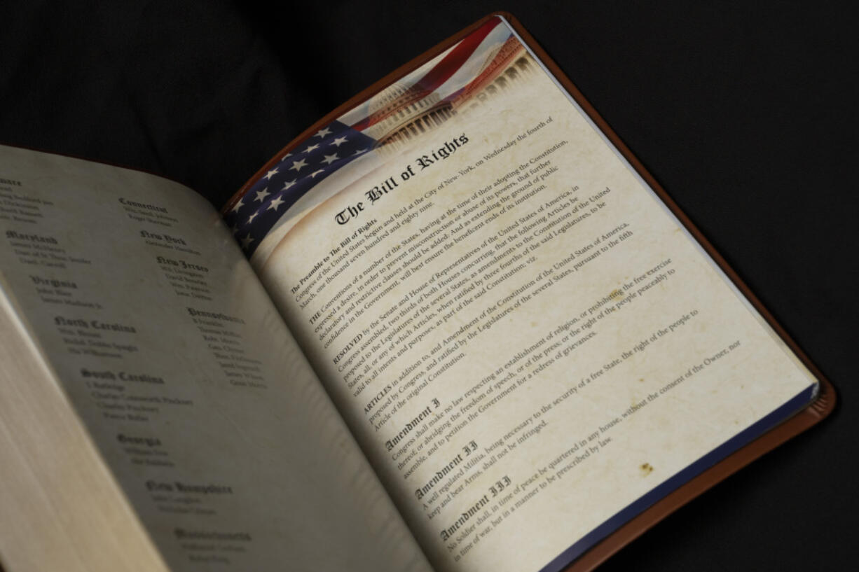 The Bill of Rights is printed in Republican presidential nominee former President Donald Trump&rsquo;s &ldquo;God Bless the USA&rdquo; Bible in Washington, Tuesday, Oct. 8, 2024.