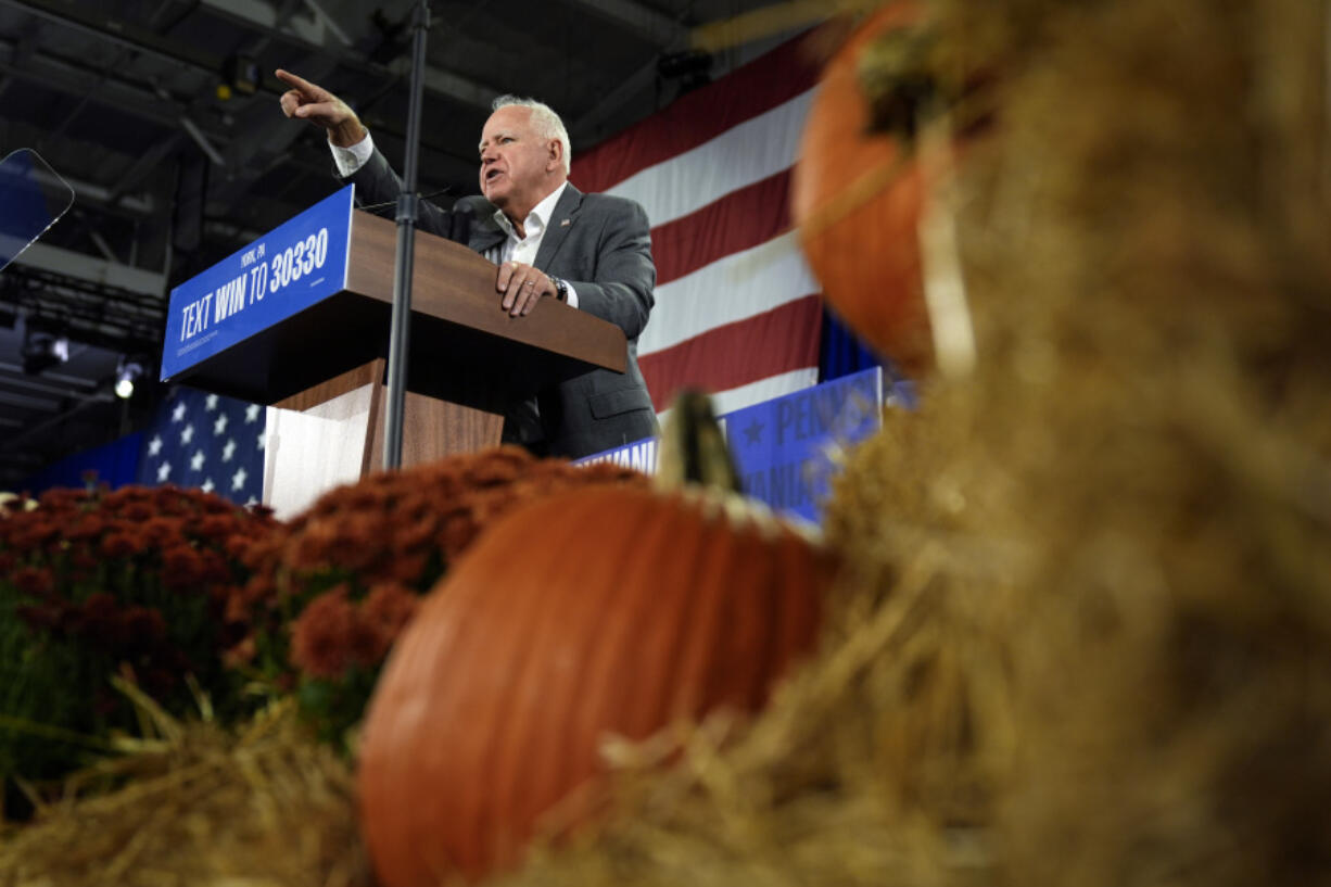 Democratic vice presidential candidate Minnesota Gov. Tim Walz speaks during a campaign event in York, Pa., Wednesday, Oct. 2, 2024.