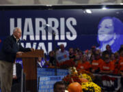 Democratic vice presidential nominee Minnesota Gov. Tim Walz speaks at a campaign event Monday, Oct. 14, 2024, in Green Bay, Wis.