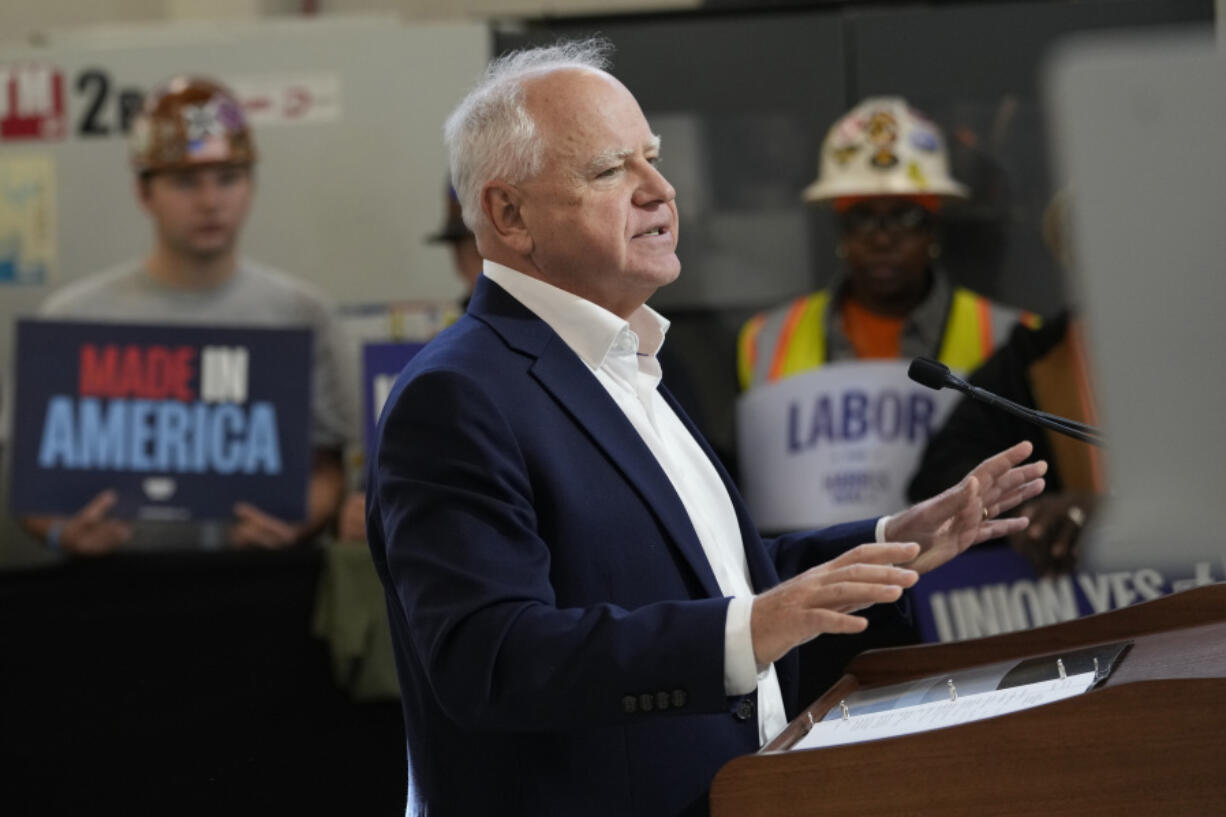 Democratic vice presidential nominee Minnesota Gov. Tim Walz speaks during a campaign event, Friday, Oct. 11, 2024, in Warren, Mich.