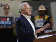 Democratic vice presidential nominee Minnesota Gov. Tim Walz speaks during a campaign event, Friday, Oct. 11, 2024, in Warren, Mich.