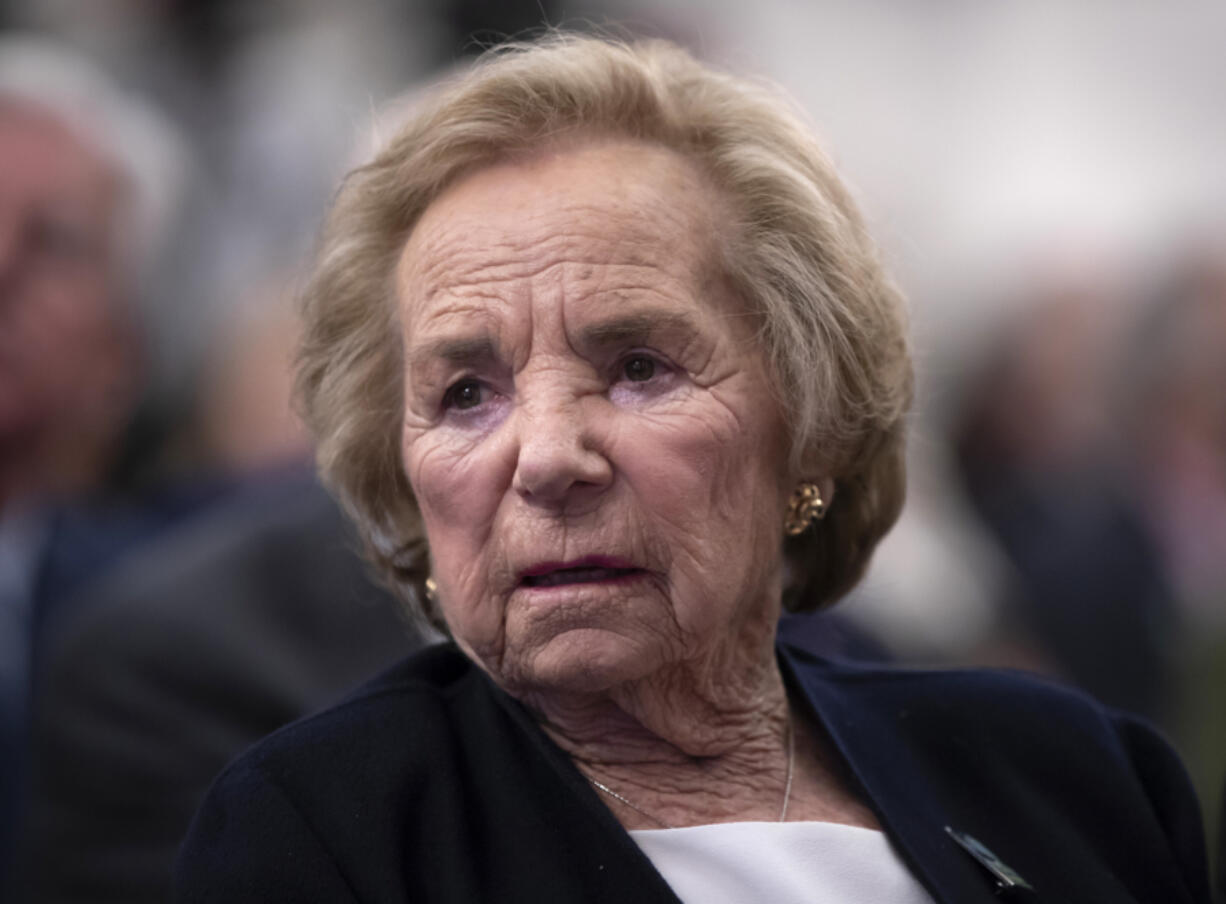 Ethel Kennedy, widow of Senator Robert F. Kennedy, watches a video about her late husband during the Robert F. Kennedy Human Rights awards ceremony on Capitol Hill in Washington, Tuesday, June 5, 2018. (AP Photo/J.