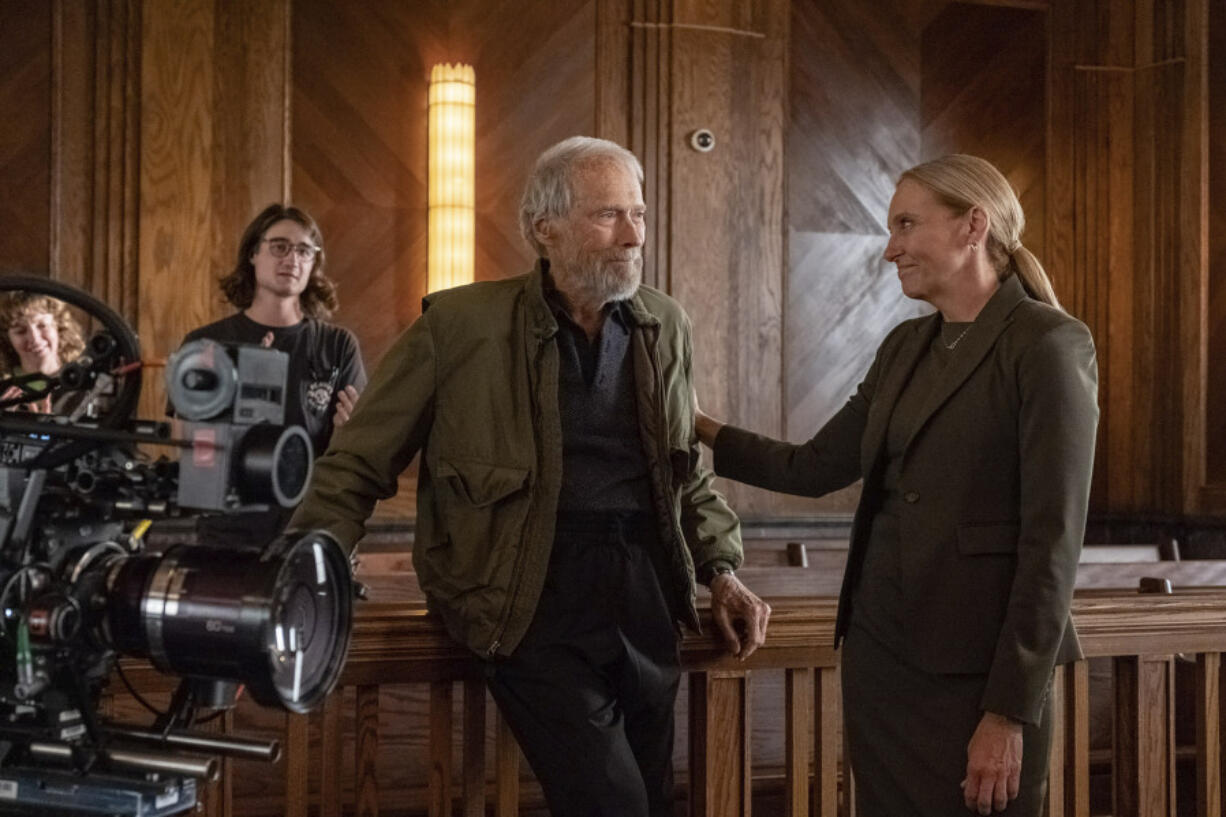 Director Clint Eastwood, left, and Toni Collette behind the scenes during production for &ldquo;Juror #2&rdquo;.