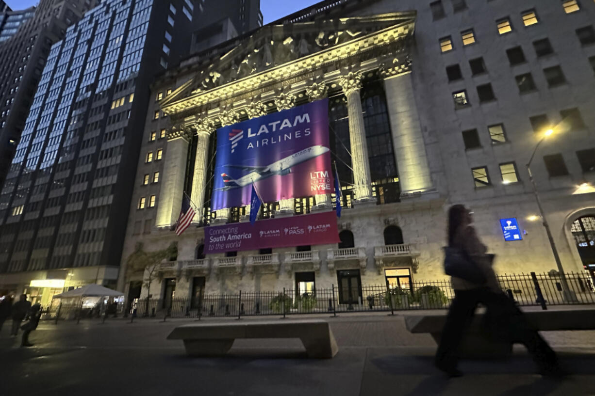 A banner for LATAM Airlines hangs from the front of the New York Stock Exchange on Tuesday, Oct. 22, 2024, in New York.