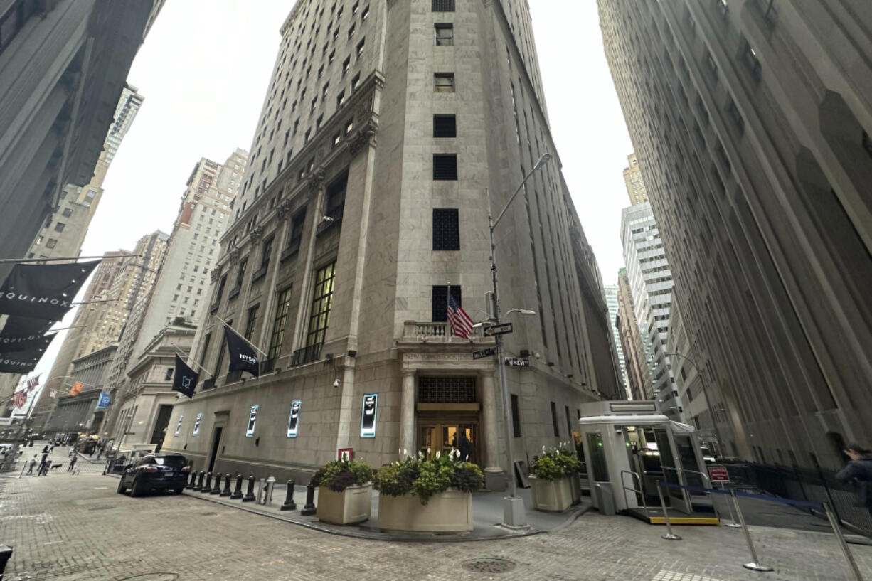 FILE - The entrance to the New York Stock Exchange at Wall and New Streets is shown on Oct. 2, 2024, in New York.