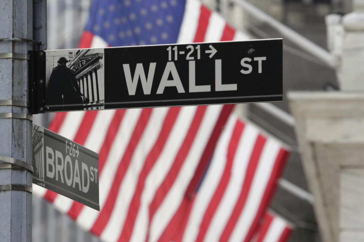 FILE - Signs marking the intersection of Broad and Walls Streets appear near the New York Stock Exchange on Oct. 1, 2024, in New York.