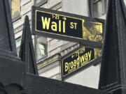 A sign marking the intersection of Wall Street and Broadway in New York&rsquo;s Financial District is shown on Wednesday, Oct. 30, 2024.