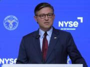 Speaker of the House Mike Johnson, R-La., delivers an economic address to financial and business leaders, at the New York Stock Exchange, Tuesday, Oct. 1, 2024.