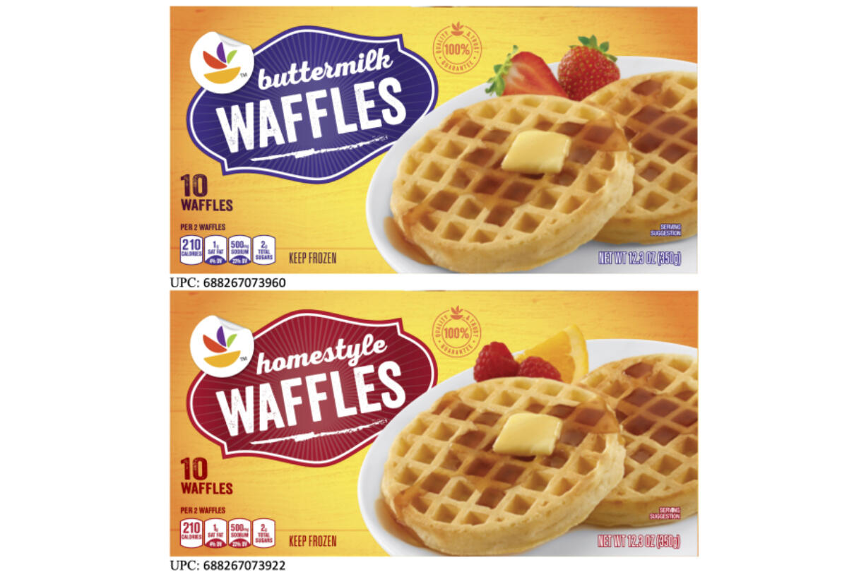 This image provided by TreeHouse Foods, Inc., shows the packaging of two styles of waffles, among hundreds of brands of frozen waffles, that are part of a voluntary recall  because the products could be contaminated with dangerous listeria bacteria, the manufacturer, TreeHouse Foods, Inc.,, said Tuesday.  (TreeHouse Foods, Inc.