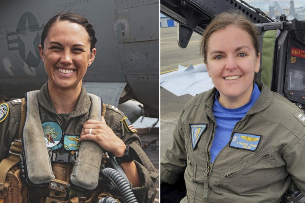 This combination of undated photos released by the U.S. Navy shows Lt. Serena Wileman, left, a naval aviator, and Lt. Cmdr. Lyndsay Evans, a naval flight officer. (U.S.