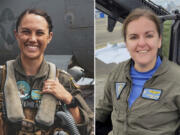 This combination of undated photos released by the U.S. Navy shows Lt. Serena Wileman, left, a naval aviator, and Lt. Cmdr. Lyndsay Evans, a naval flight officer. (U.S.