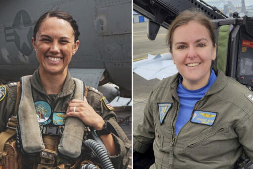 This combination of undated photos released by the U.S. Navy shows Lt. Serena Wileman, left, a naval aviator, and Lt. Cmdr. Lyndsay Evans, a naval flight officer. (U.S.