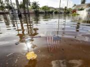 FILE - An American flag sits in floodwaters in the aftermath of Hurricane Helene in the Shore Acres neighborhood Sept. 27, 2024, in St. Petersburg, Fla.