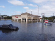 This drone image provided by Kairat Kassymbekov shows flooding from Hurricane Milton in Tampa, Fla., Thursday, Oct. 10, 2024.