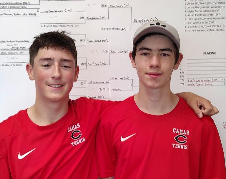 Camas No. 1 doubles team of Connor Reid, left, and Dylan Siems after winning the 4A District 4 boys tennis tournament on Saturday, Oct. 26, 2024, at Club Green Meadows.