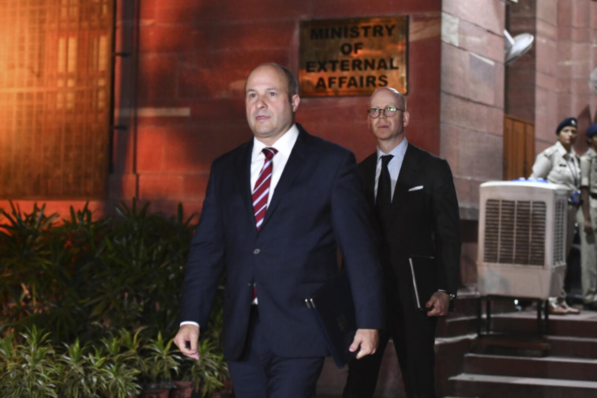 Canada&rsquo;s Deputy High Commissioner to India Stewart Wheeler, left, leaves after meeting with officials at the Indian government&rsquo;s Ministry of External Affairs, in New Delhi, India, Monday, Oct. 14, 2024.