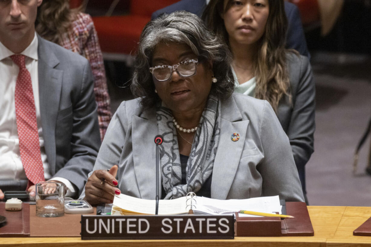 U.S. Ambassador to the U.N. Linda Thomas-Greenfield speaks during a Security Council meeting at United Nations headquarters, Friday, Sep. 27, 2024.