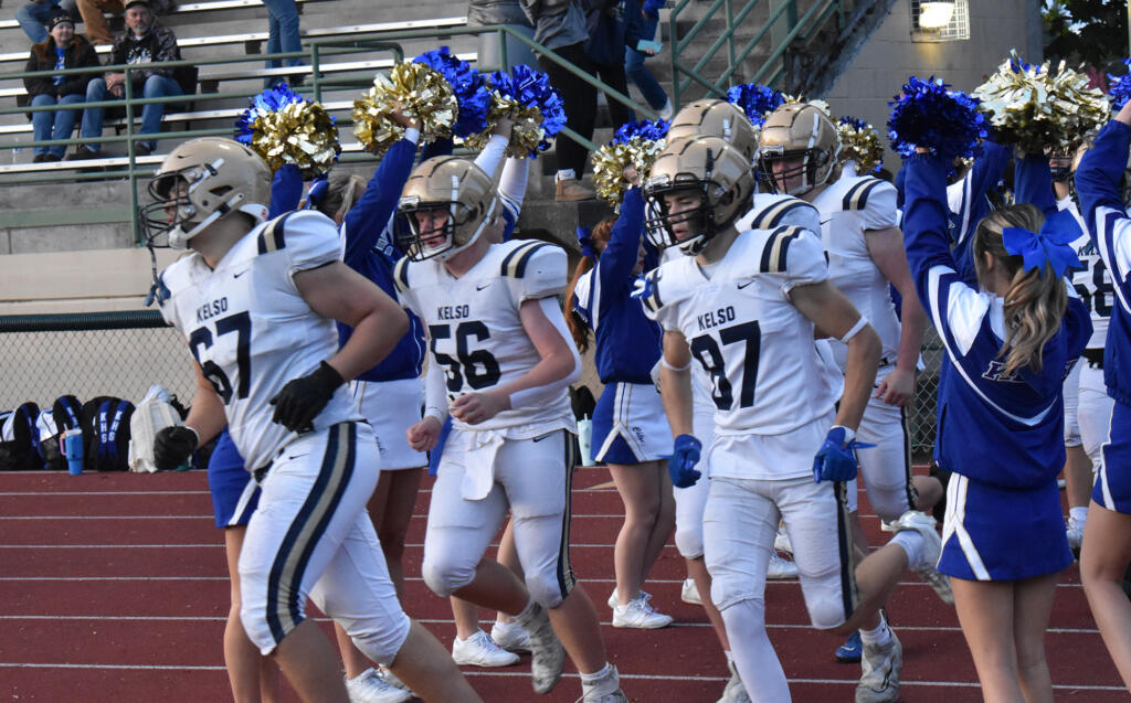 The members of the Kelso football team return to the field for the second half of their 3A Greater St. Helens League football game against Mountain View at McKenzie Stadium on Friday, Oct. 25, 2024.