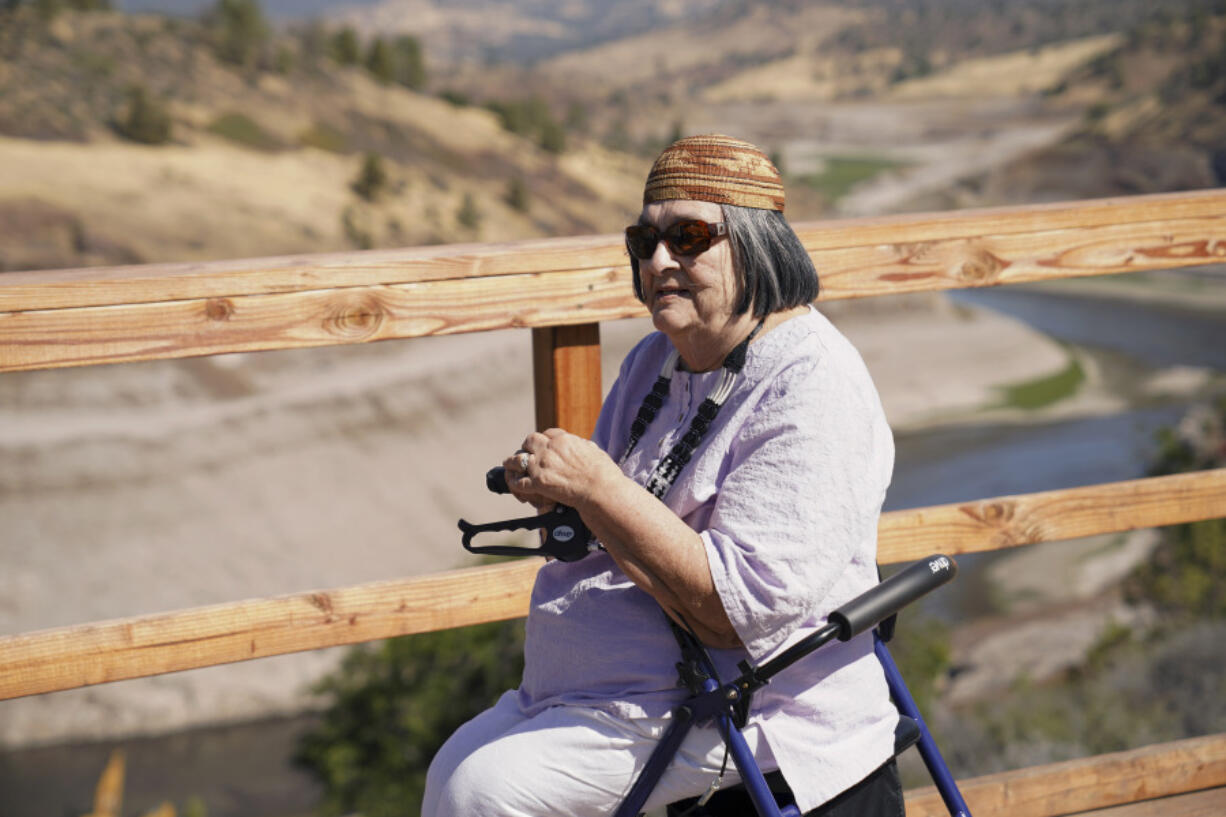 In this image provided by Matthew Johan Mais, Yurok elder Jacqueline Winter poses for a photo near the Klamath River on Aug. 25, 2024, near Hornbrook, Calif.