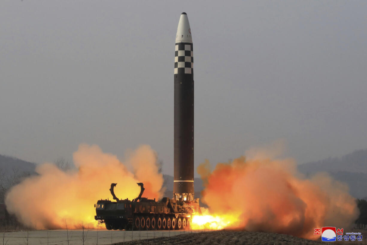 FILE - This photo distributed by the North Korean government shows what it says is a test-fire of a Hwasong-17 intercontinental ballistic missile (ICBM), at an undisclosed location in North Korea on March 24, 2022. Independent journalists were not given access to cover the event depicted in this image distributed by the North Korean government. The content of this image is as provided and cannot be independently verified. Korean language watermark on image as provided by source reads: &ldquo;KCNA&rdquo; which is the abbreviation for Korean Central News Agency.