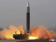 FILE - This photo distributed by the North Korean government shows what it says is a test-fire of a Hwasong-17 intercontinental ballistic missile (ICBM), at an undisclosed location in North Korea on March 24, 2022. Independent journalists were not given access to cover the event depicted in this image distributed by the North Korean government. The content of this image is as provided and cannot be independently verified. Korean language watermark on image as provided by source reads: &ldquo;KCNA&rdquo; which is the abbreviation for Korean Central News Agency.