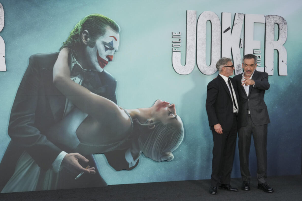 Joaquin Phoenix, left, and Todd Phillips arrive at the premiere of &ldquo;Joker: Folie a Deux&rdquo; on Monday, Sept. 30, 2024, at TCL Chinese Theatre in Los Angeles.