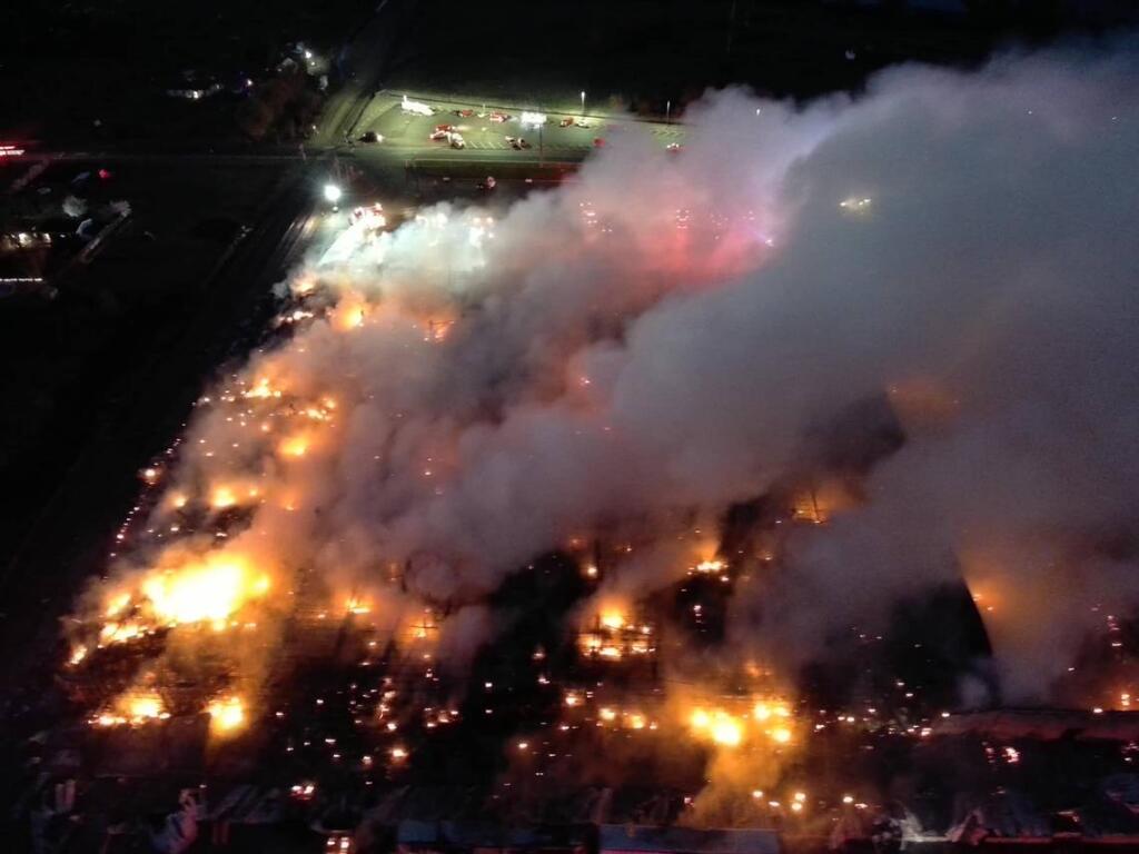 A Benton County Sheriff’s Office drone showed the extent of the fire at the Lineage Logistics warehouse on the evening of the day it started burning.