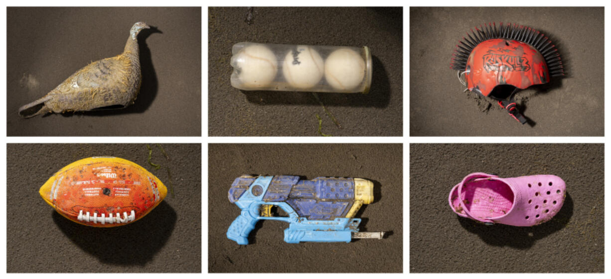 This combination of Monday, June 17, 2024, photos, shows top row from left, a plastic turkey, a container of tennis balls, a child&rsquo;s helmet; and bottom row from left, a toy football, a plastic squirt gun and a Crocs shoe, found by Russ Lewis after they washed up on Long Beach Peninsula in Pacific County, Wash.