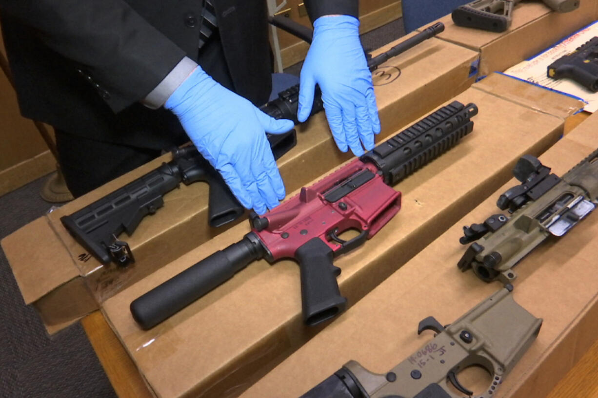 FILE &mdash; Ghost guns are displayed at the headquarters of the San Francisco Police Department, in San Francisco, Nov. 27, 2019.