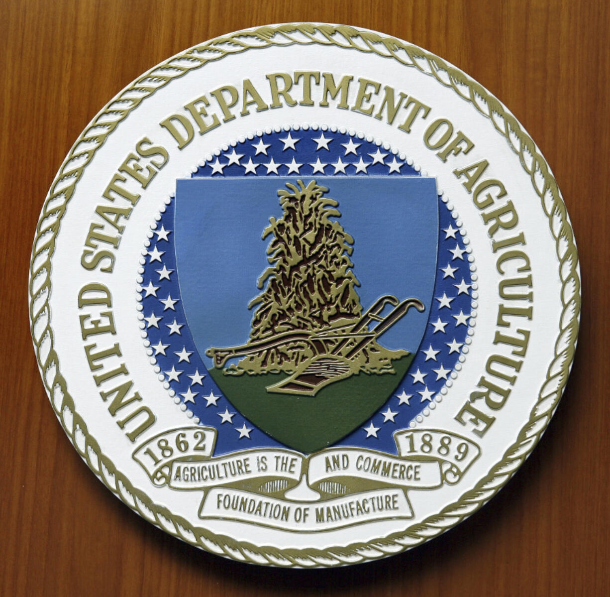 FILE - The logo of the United States Department of Agriculture is seen, Aug. 10, 2007, at the US Embassy in Berlin.