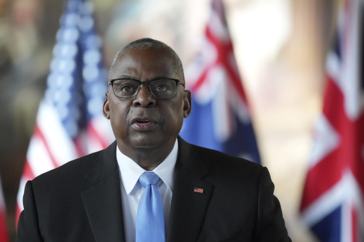 FILE - Secretary of Defense Lloyd Austin speaks in Greenwich, London, Sept. 26, 2024.