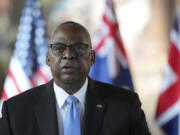 FILE - Secretary of Defense Lloyd Austin speaks in Greenwich, London, Sept. 26, 2024.