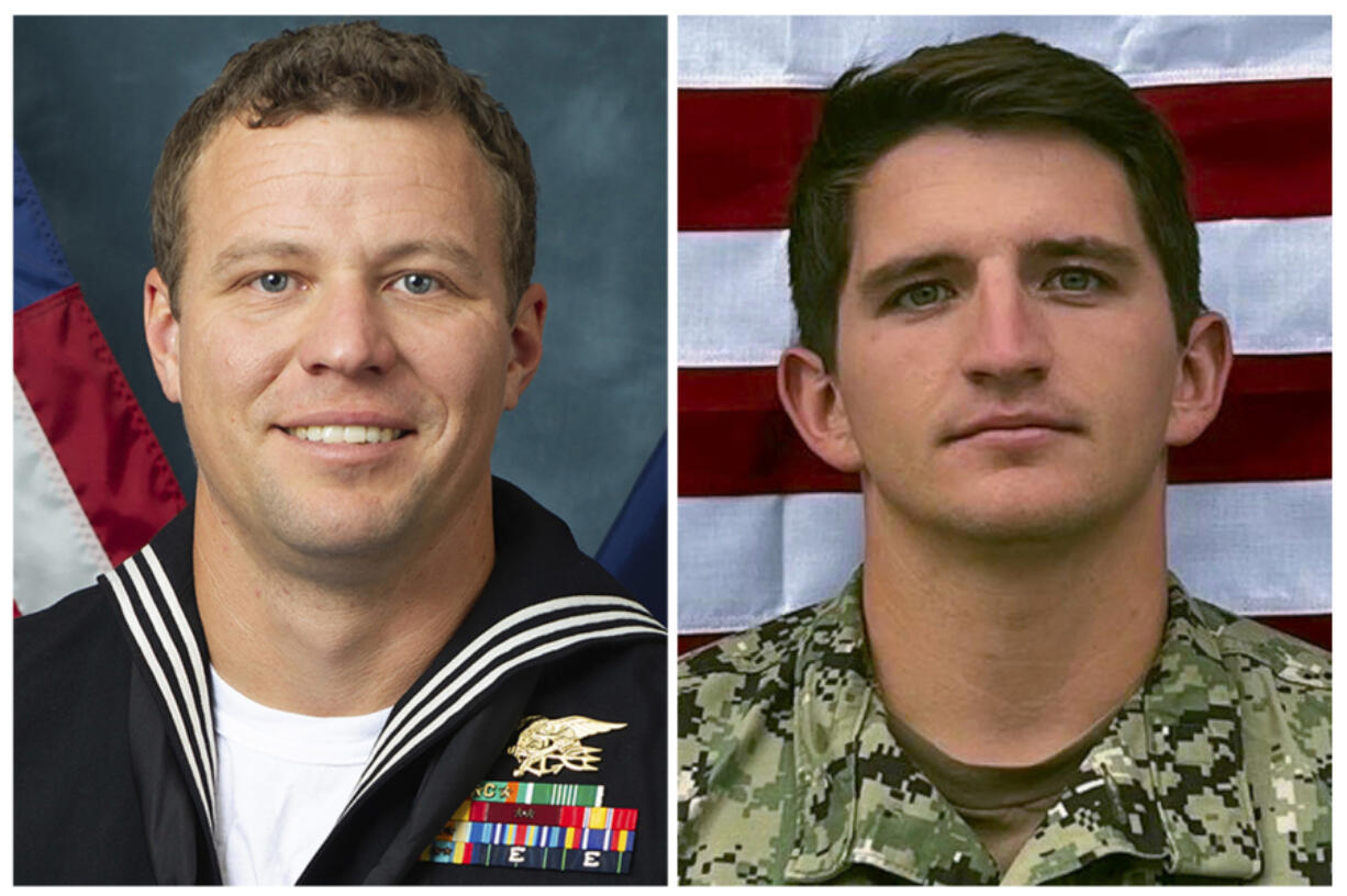 FILE - This combo image, provided by the Department of Defense, shows Navy Special Warfare Operator 1st Class Christopher J. Chambers, left, and Navy Special Warfare Operator 2nd Class Nathan Gage Ingram, right. Chambers and Ingram died while boarding an unflagged ship carrying illicit Iranian-made weapons to Yemen, Jan. 11, 2024, in the Arabian Sea.