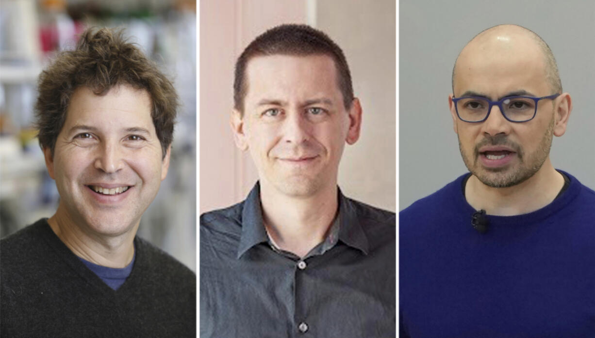 This combo of pictures show American biochemist David Baker, from left, American researcher John Jumper and Demis Hassabis, CEO of DeepMind Technologies, the AI division behind Gemini.