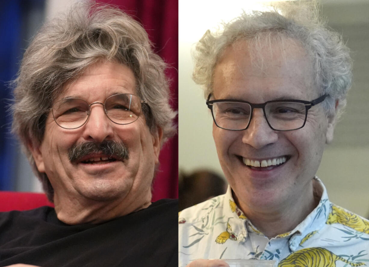 This photo combo shows 2024 Nobel Prize winners in physiology or medicine Gary Ruvkun, American molecular biologist, left, and Victor Ambros, professor of natural science at the University of Massachusetts Medical School, Monday, Oct. 7, 2024, in Newton, Mass.