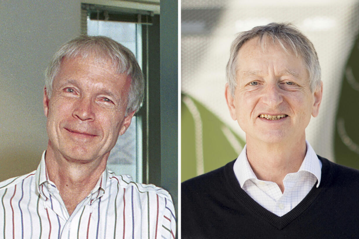 This photo combo shows the 2024 Nobel Prize winners in Physics, professor John Hopfield, left, of Princeton University, and professor Geoffrey Hinton, of the University of Toronto, Tuesday, Oct. 8, 2024.