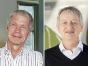 This photo combo shows the 2024 Nobel Prize winners in Physics, professor John Hopfield, left, of Princeton University, and professor Geoffrey Hinton, of the University of Toronto, Tuesday, Oct. 8, 2024.