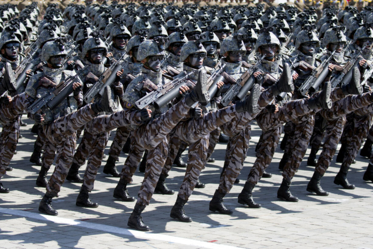 FILE - Soldiers march in a parade for the 70th anniversary of North Korea&rsquo;s founding day in Pyongyang, North Korea, on Sept. 9, 2018.